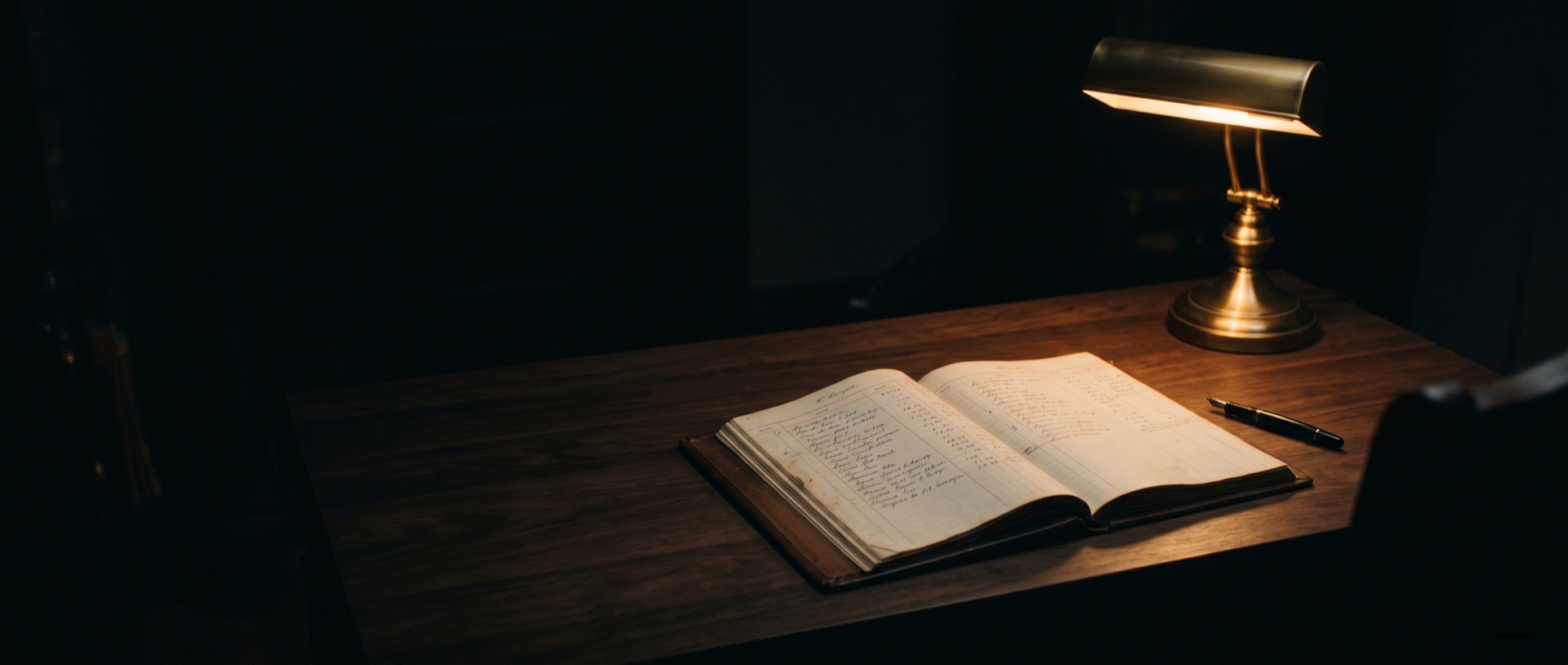 An open leather-bound ledger on a dark walnut desk, lit by a single brass banker's lamp.