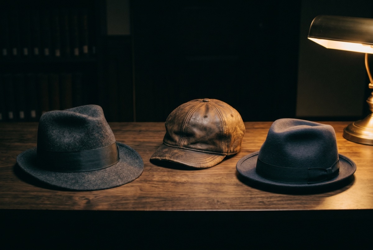 Three hats arranged on a dark wooden desk in front of a library shelf: a felt fedora, a worn leather cap, and a darker fedora, lit by a brass lamp.